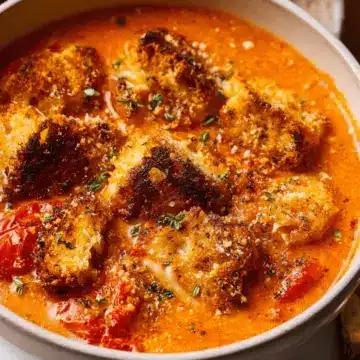 Roasted Tomato Soup with Cheesy Crouton Topper