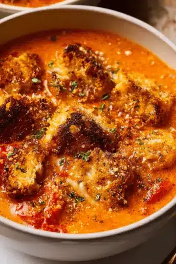 Roasted Tomato Soup with Cheesy Crouton Topper