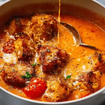 Roasted Tomato Soup with Cheesy Crouton Topper