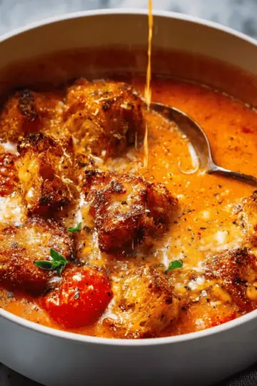 Roasted Tomato Soup with Cheesy Crouton Topper