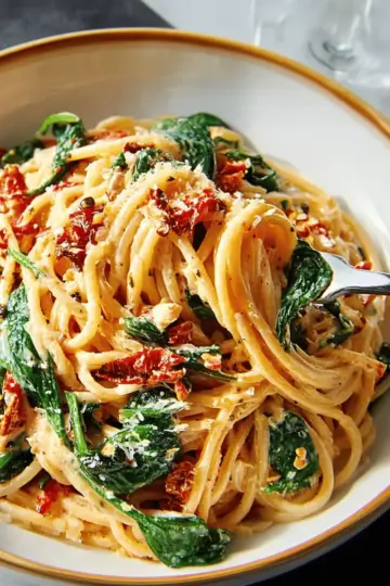 Spaghetti & Spinach with Sun-Dried Tomato Cream Sauce