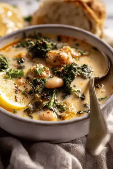 Creamy Tuscan White Bean Lemon Soup.