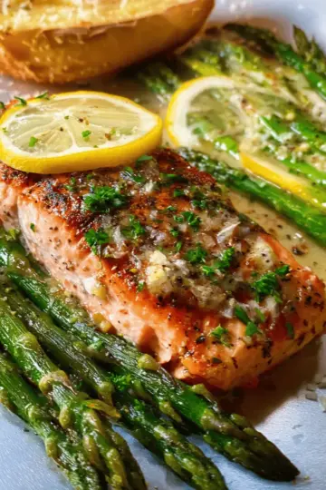 Foil Baked Salmon With Asparagus in a Lemon Butter Sauce