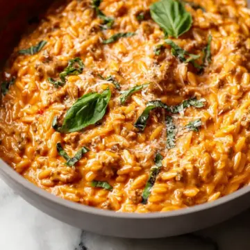 Ground Beef Orzo with Tomato Cream Sauce