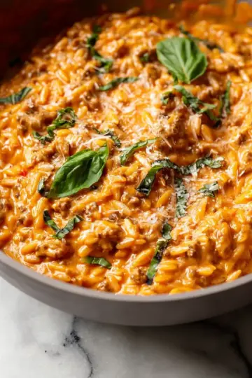 Ground Beef Orzo with Tomato Cream Sauce
