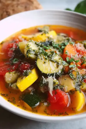 Ratatouille soup with homemade pesto