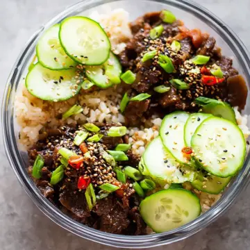 Korean Beef with Brown Rice and Cucumber Salad