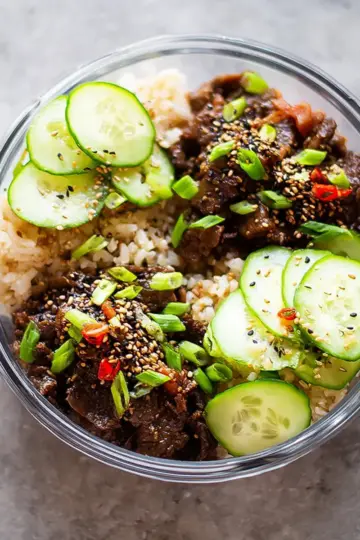 Korean Beef with Brown Rice and Cucumber Salad