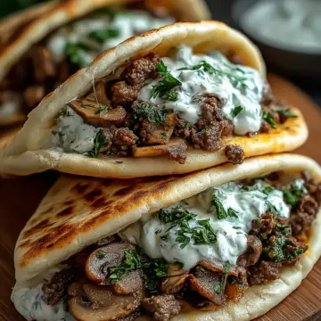 Cheesy Beef and Mushroom Pita Pockets with Tzatziki Sauce