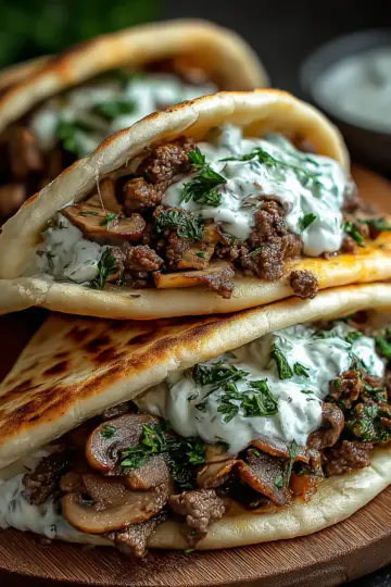 Cheesy Beef and Mushroom Pita Pockets with Tzatziki Sauce