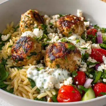 Greek Turkey Meatballs with Orzo and Tzatziki Sauce