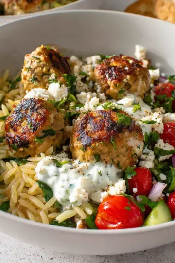Greek Turkey Meatballs with Orzo and Tzatziki Sauce